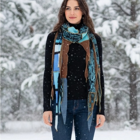 Handmade Cotton Art Scarf in Brown and Blues - Picture 2 of 10